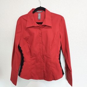 🔴3/20 Bisou Bisou Red Button Down w/Black Lace Trim